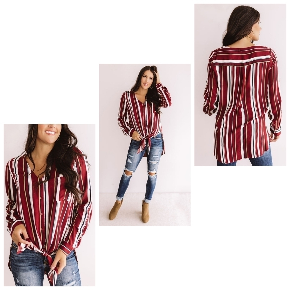 NWOT Vine & Love Droptail Button Up Tie Front V-Neck Long Cuffed Sleeve Top